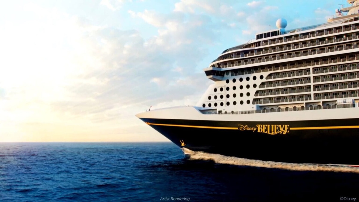 Artist rendering of the Disney Believe cruise ship at sea