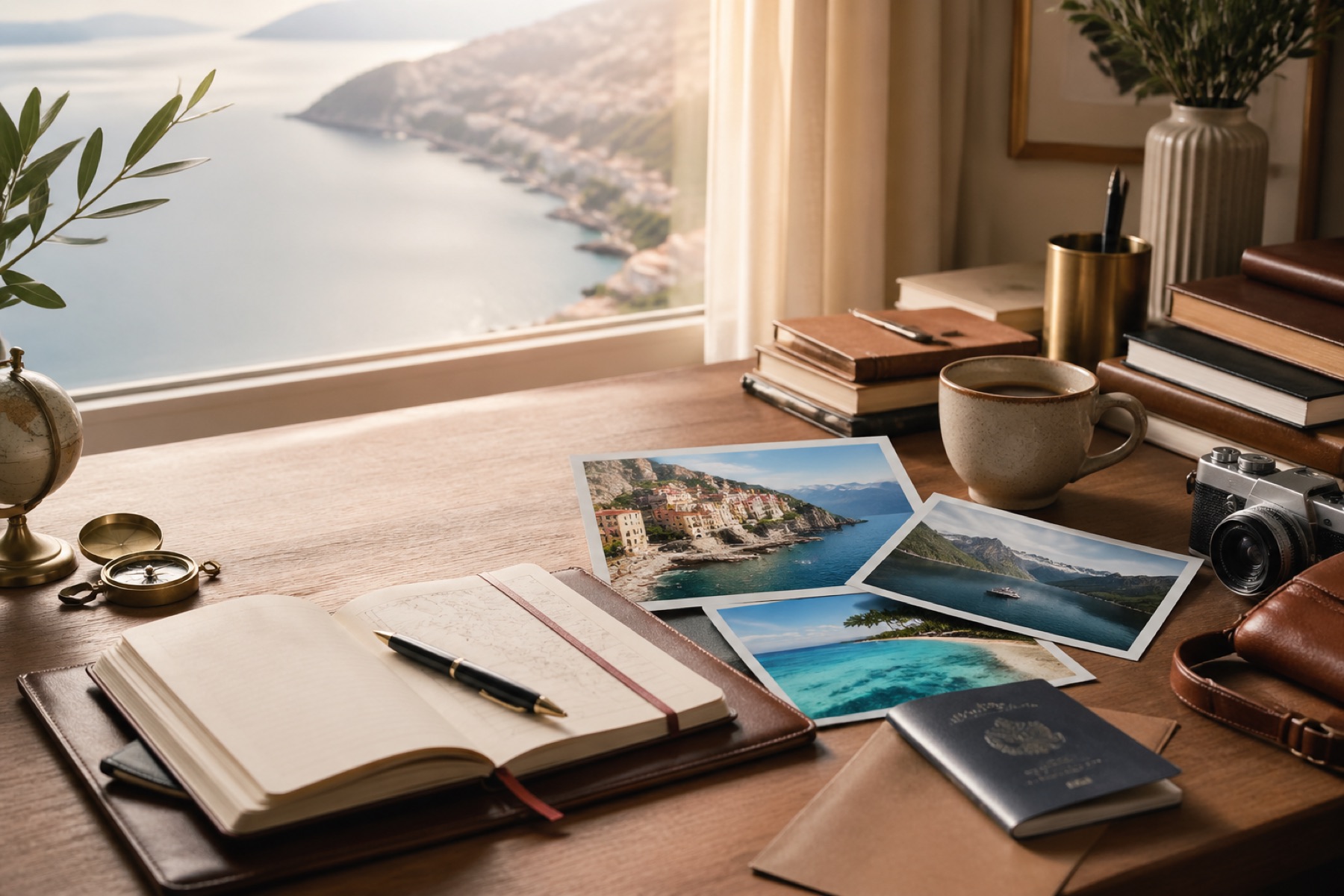 Travel planning desk with destination photos and passport